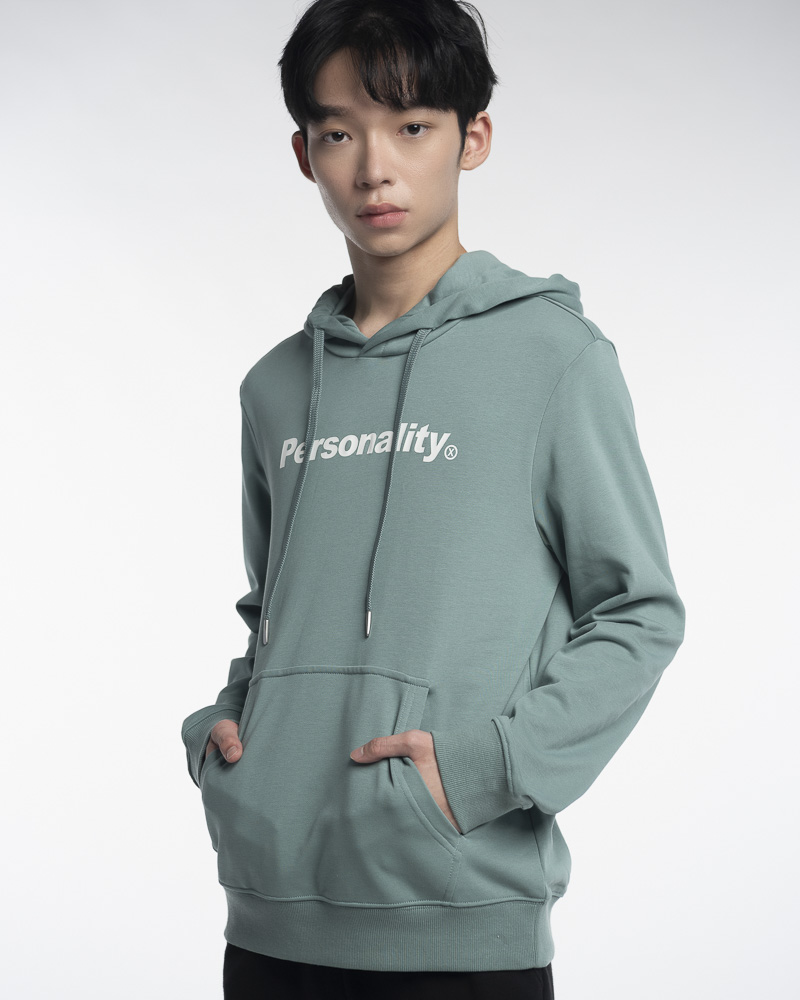 Yishion Men Solid Coloured Pullover Hoodie with Kangaroo Pockets and Personality Slogan (Teal Green)