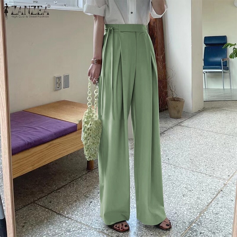 ZANZEA Korean Style Womens Button Lace-up High Waist Chic Trousers Wide Leg Pants Slacks